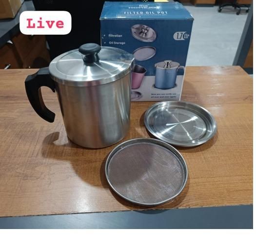 Stainless Steel Oil Filter Pot with Lid & Strainer – 1.3L