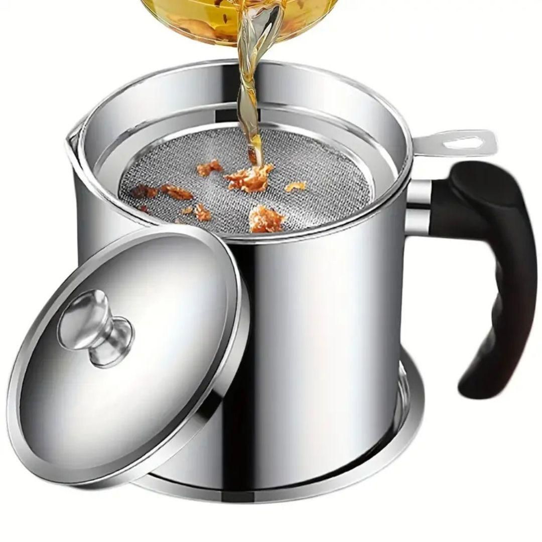 Stainless Steel Oil Filter Pot with Lid & Strainer – 1.3L