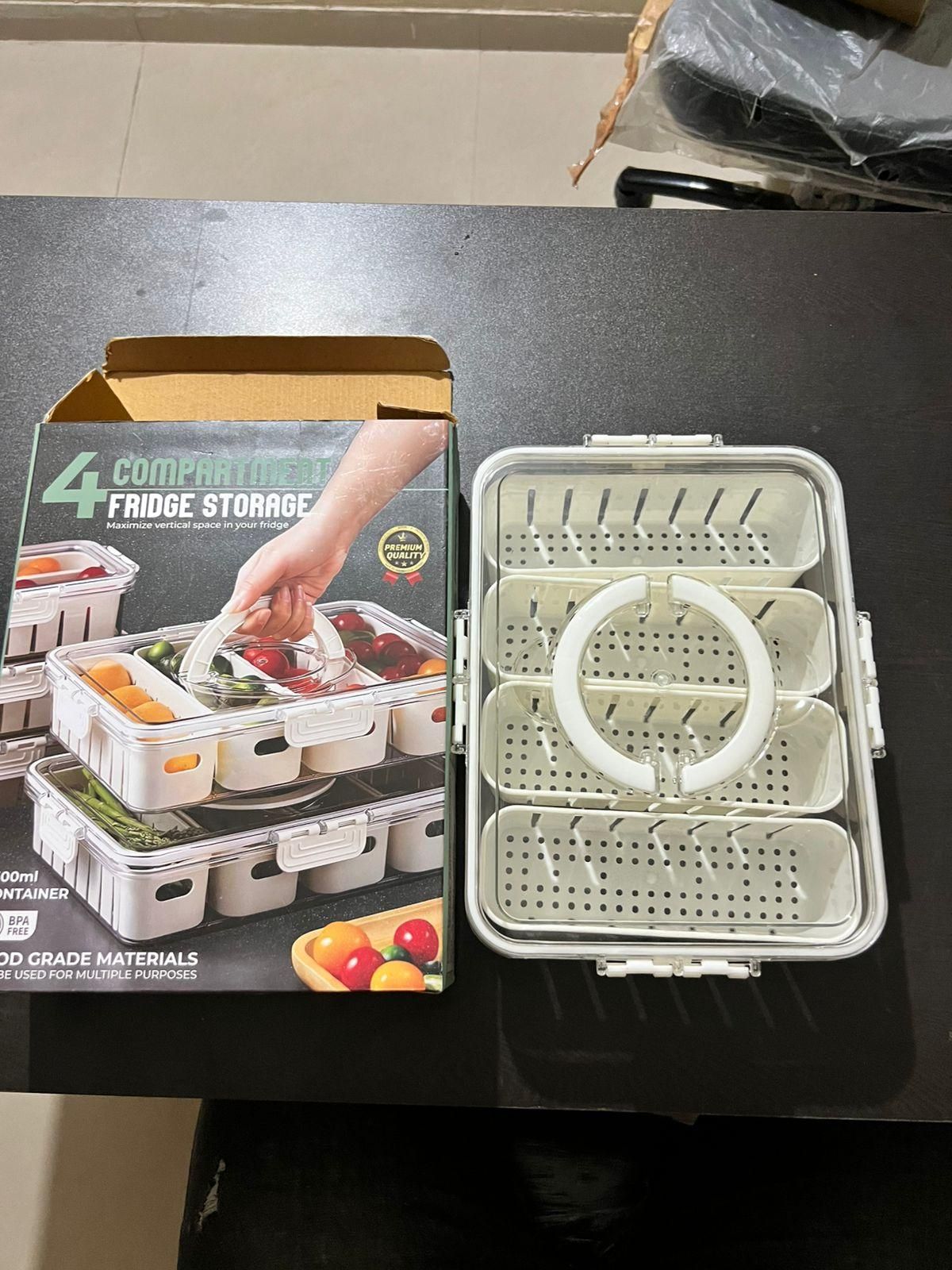 4-Compartment Fridge Storage Box with Removable Dividers