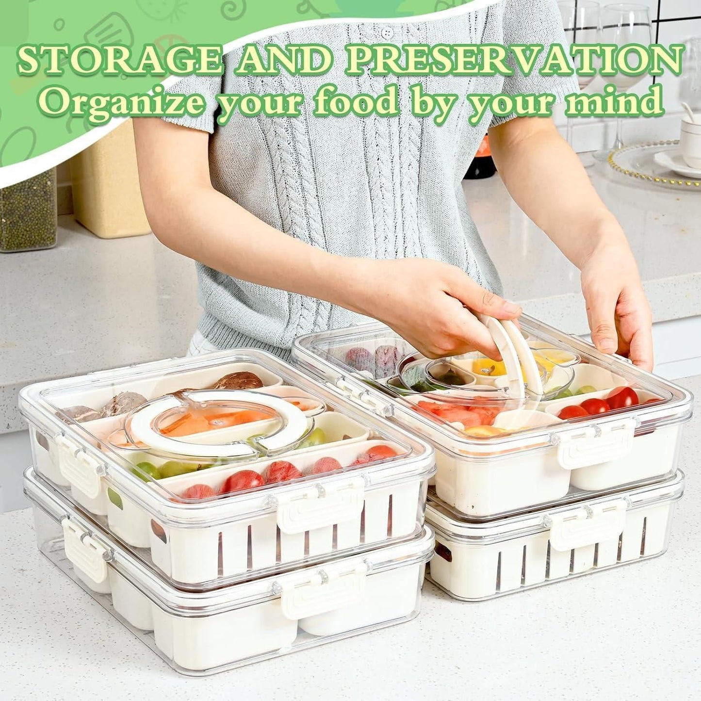 4-Compartment Fridge Storage Box with Removable Dividers